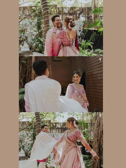 A playful and romantic first look sequence in a lush, tropical setting. The groom's cape flies in the wind as they share smiles and laughter, creating a dynamic and joyful story.
