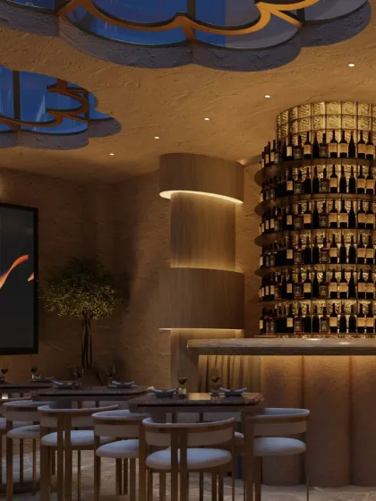 This render showcases the varied seating formats at Zuvaah, from intimate tables to larger clusters. The design ensures that every corner offers a distinct experience, yet all are connected by the seamless, cavernous flow.