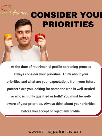 When screening matrimonial profiles, it's crucial to consider your priorities. I help you clarify what you are looking for, whether it's a well-settled professional or someone with specific values, so you can make decisions with confidence.