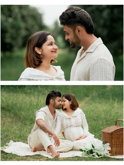 A collage of two images from a beautiful outdoor picnic maternity session, showing both a close-up and a wider shot of the couple.
