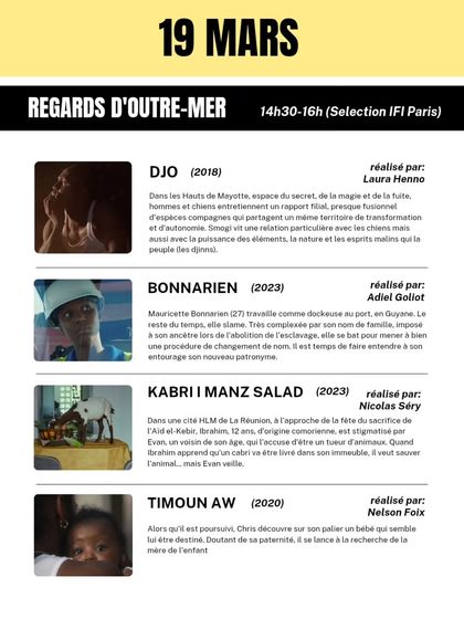The screening schedule for the first day of our Short Film Festival, featuring films from French overseas territories. Our programming offers a diverse look into the entire Francophone world.