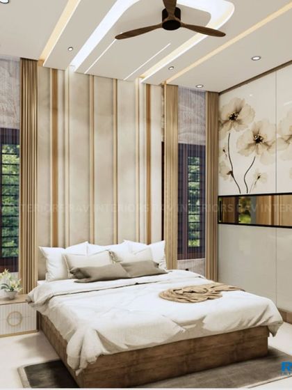 A full view of the bedroom with the floral wardrobe, showing the cohesive and calming design.