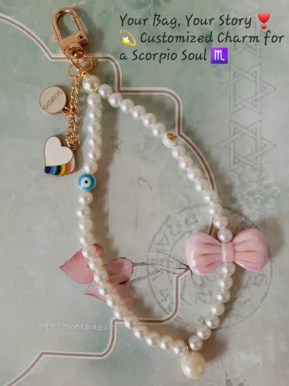 This is what I mean by making it personal. I created this custom pearl bag charm for a Scorpio, complete with a pastel bow, an evil eye for protection, and a rainbow heart. We can design one that tells your story, too.