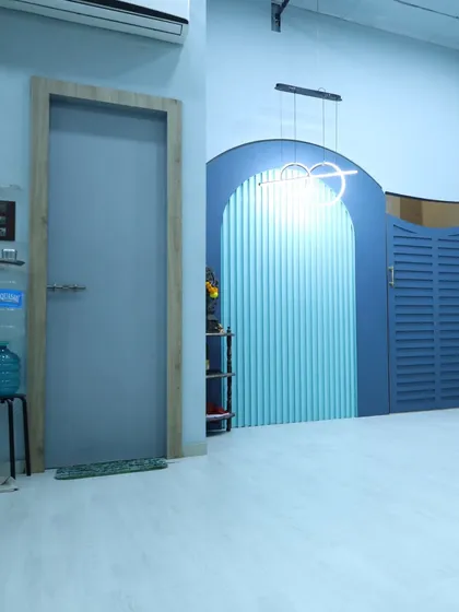 A look at the aesthetic interior of our studio space, with modern lighting and colorful accents, perfect for photo and video shoots.