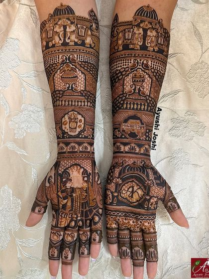 A clearer view of the royal bridal mehendi with elephants, showing the intricate patterns and figures.