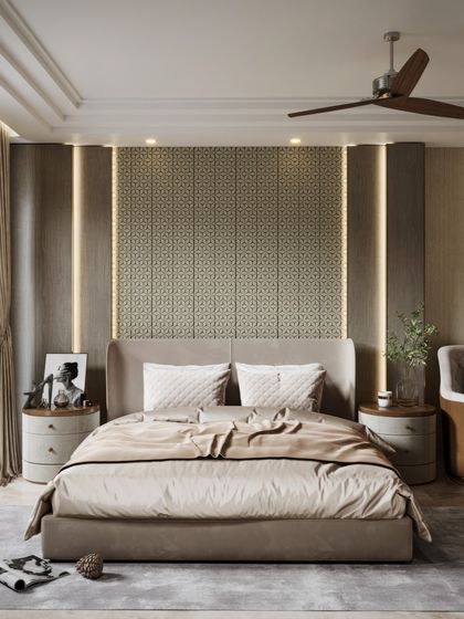 Two renders of a bedroom with a focus on elegant wall treatments and a neutral color palette. We've highlighted the geometric patterns and subtle backlighting to add depth and interest to the design.