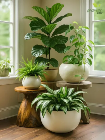 A beautifully styled corner featuring a variety of houseplants on wooden stools. We grouped a Fiddle Leaf Fig, Pothos, and other foliage plants at different heights to create a mini urban jungle.
