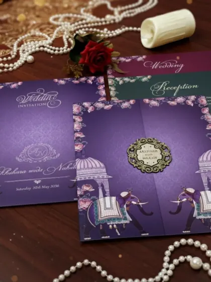 I designed this invitation suite to evoke a sense of royal celebration. The deep purple card features majestic elephant illustrations and traditional dome motifs, complemented by a custom laser-cut monogram. The set includes separate inserts for the wedding and reception.