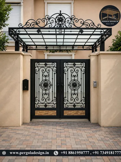 This classic European-style gate and canopy combination adds timeless elegance to the property. The arched canopy with a glass roof provides shelter while complementing the intricate design of the metal gate.