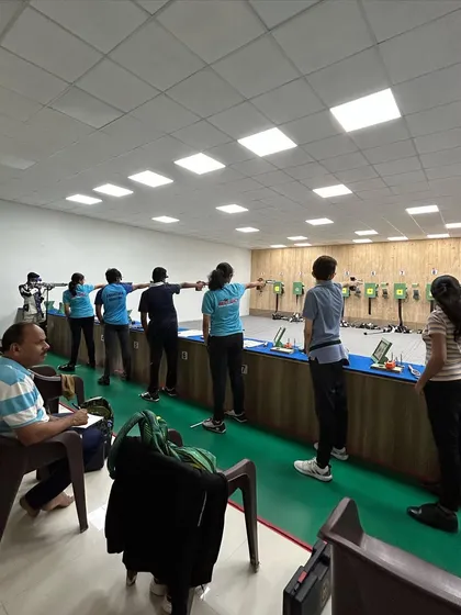 A wide view of our shooters during an ISSF Air Pistol final match practice. We simulate real competition scenarios to prepare our athletes for upcoming state-level events.