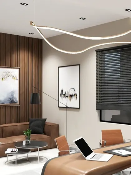 A closer look at the MD cabin concept, focusing on the informal meeting area. A comfortable leather sofa set against a warm, wood-paneled wall creates a perfect space for discussions, blending business with a touch of residential comfort.