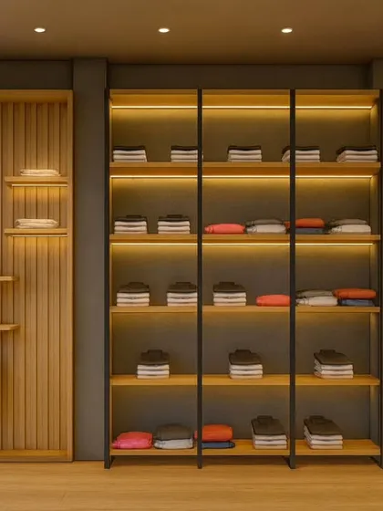 This view showcases the versatile display solutions I created for Shoetown. The combination of vertical wood paneling, floating shelves, and open racks allows for creative merchandising of different types of clothing and accessories.