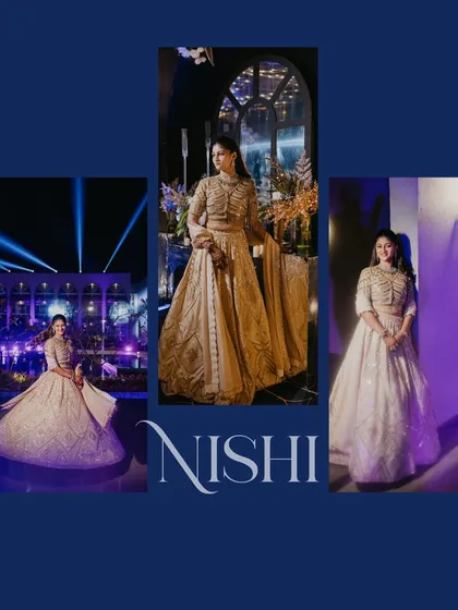 A collage dedicated to the bride's stunning Sangeet look. It showcases her elegant lehenga and confident poses from different angles, telling the story of her glamorous night.