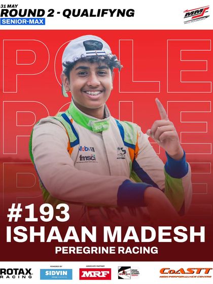 Ishaan Madesh secures pole position for the Senior Max race in Round 2 of the Meritus Cup.