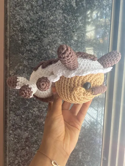 A side view of the Appa amigurumi. I worked hard to get the shape of his head and horns just right, based on the character from the show.