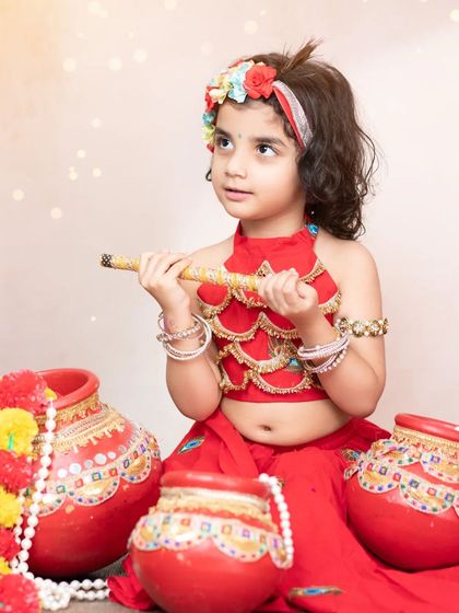 A little girl dressed as Radha for our Janmashtami sessions. We have beautiful outfits for both boys and girls to celebrate the festival.