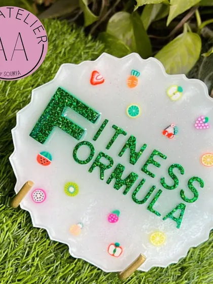 The finished custom resin tabletop sign for dietitian 'Fitness Formula'. This is a great example of how I can create personalized branding materials for any business.