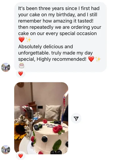 Nothing makes me happier than a happy client. This wonderful feedback on a fresh berry celebration cake is a reminder of why I love baking for your special moments.