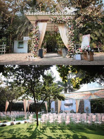 A collection of stunning wedding setups at The Farmhouse Collective. You can see the venue's versatility, from elegant morning ceremonies with floral mandaps to glamorous evening receptions with fairy lights and chic decor. This space is a blank canvas for your dream outdoor wedding in Bengaluru.