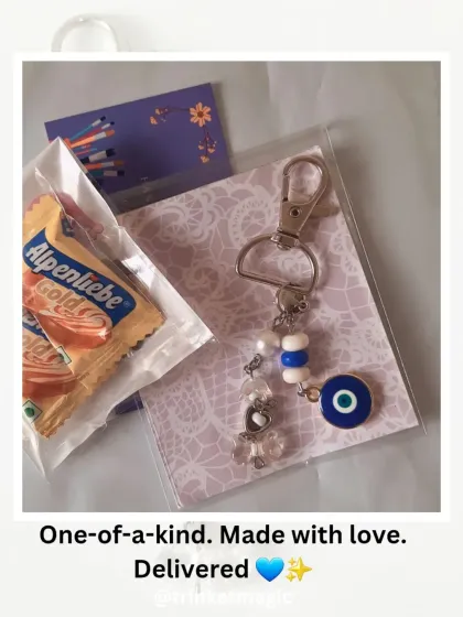 One-of-a-kind, made with love, and delivered. This custom evil eye keychain was designed with specific beads and charms for a client and came out beautifully.