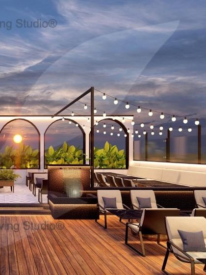 Another perspective of the rooftop restaurant design. This view highlights the tiered seating arrangement, offering patrons unobstructed views of the sunset through the arched windows.