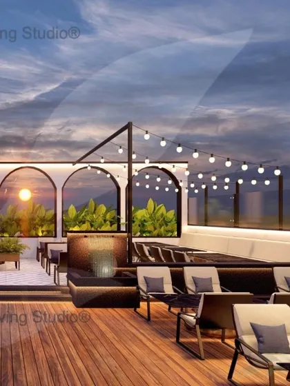 Another perspective of the rooftop restaurant design. This view highlights the tiered seating arrangement, offering patrons unobstructed views of the sunset through the arched windows.