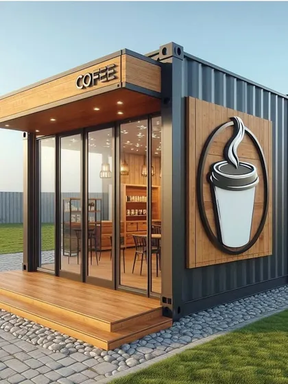 Another take on the modular container café, this design features a prominent logo and a welcoming wooden deck. We deliver these as turnkey solutions, ready for you to start serving customers.