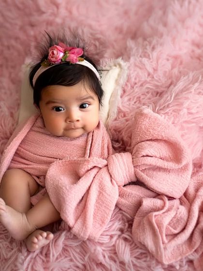All wrapped up in pink fluff! This cozy setup is perfect for a 4-month session, keeping the baby comfortable and looking absolutely adorable.