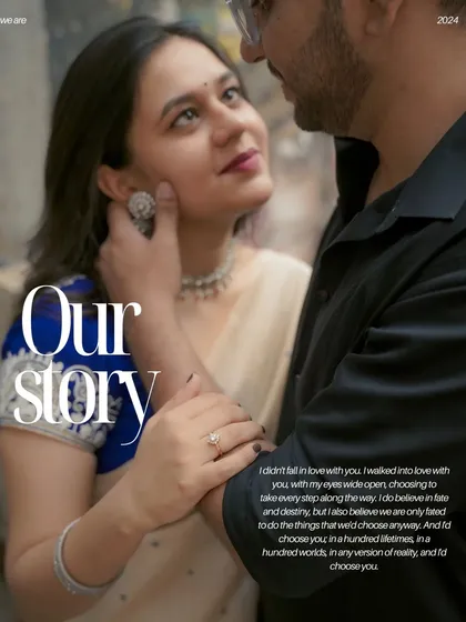 A magazine-style edit that tells the couple's story. This format combines a stunning portrait with their personal narrative, creating a beautiful and meaningful keepsake.