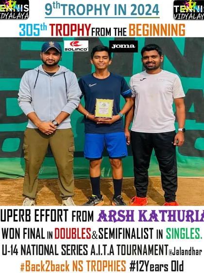 A superb effort from 12-year-old Arsh Kathuria, winning the doubles final at the U-14 National Series AITA Tournament.