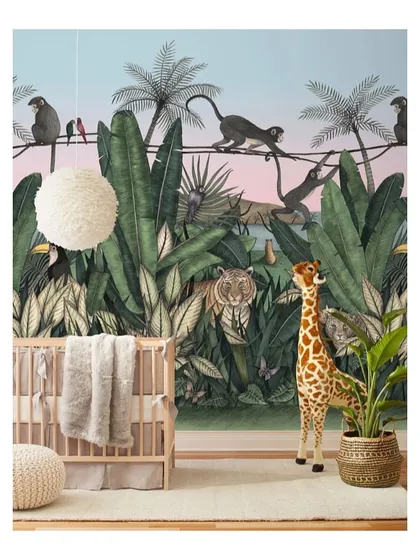 This is an inspiration image showing a jungle theme I absolutely love. Designing nurseries is so exciting because I get to play with imaginative themes, colors, and fun accessories to create a magical space.