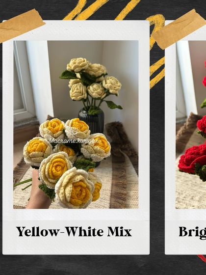 A collage showcasing our yellow and white mix crochet roses. These cheerful colors are perfect for brightening up any space and bringing a touch of spring indoors.
