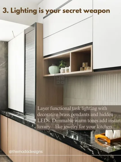 Lighting is your secret weapon in the kitchen. We layer functional task lighting with decorative pendants and hidden LEDs to add instant luxury, like jewelry for your kitchen.