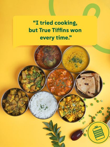 I tried cooking, but True Tiffins won every time. This is what I hear from my customers, and this spread of eight different dishes shows why. The variety is endless.