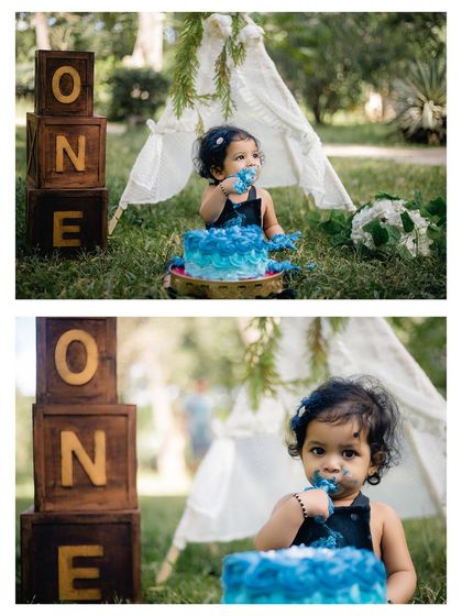 A collage capturing the progression of a cake smash, from the first taste to a closer look at the messy, happy baby.