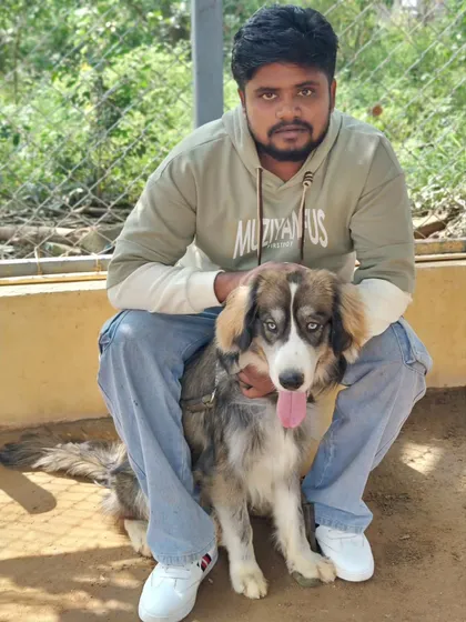 A visitor posing with one of our unique mixed-breed dogs with striking eyes.