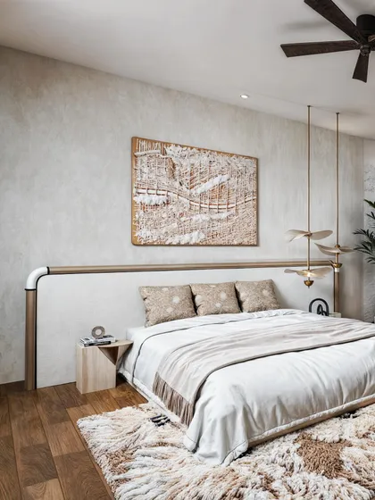 A bedroom render featuring a large, textured art piece and a plush shag rug. The design has a rustic, earthy feel.