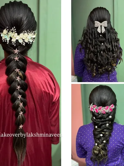 A collage of different hairstyles taught in my course, including a star-accessorized braid, a wavy ponytail, and a floral-decorated braid.