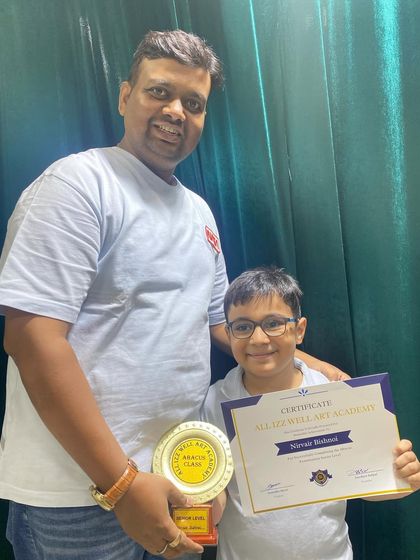 Nirvair Bishnoi with his certificate and award for completing the Abacus Senior Level. A great milestone!