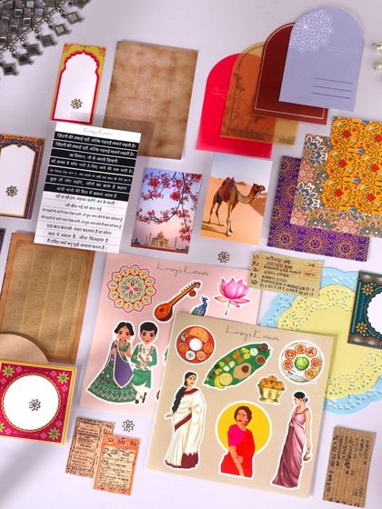 My Indian Aesthetics journaling kit is inspired by India's rich culture and colorful motifs. It includes everything from vintage railway tickets and movie posters to traditional patterns and quotes.