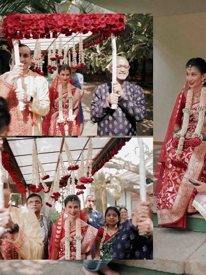 A collage capturing the bride's entrance under a phoolon ki chadar held by her family, a beautiful and emotional tradition.