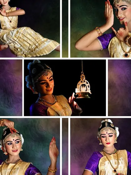 A collage showcasing the many expressions of a Bharatanatyam dancer. From subtle glances to dynamic poses, each image highlights the detailed artistry and emotional depth we nurture in our students during their training.