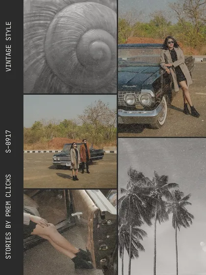 A vintage-style collage summarizing a themed shoot with a classic car. This shows the different angles and moods I capture, from solo portraits to couple shots, all edited with a nostalgic feel.