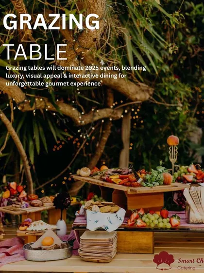 A glimpse into the future of event dining. This beautifully rustic grazing table, set amidst nature, shows how I blend luxury, visual appeal, and interactive dining for an unforgettable gourmet experience.