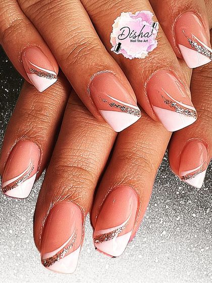 A modern and chic design with a diagonal white tip and a delicate silver glitter line.