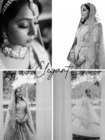 An elegant black and white collage of bridal portraits, capturing different moods and angles.