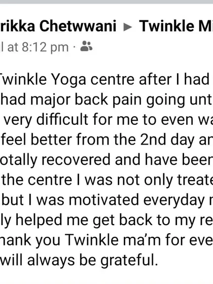 A screenshot of a message from Sarrikka. She suffered from a slip disc injury that made it difficult to even walk. Within two months of my therapeutic yoga program, she made a full recovery and got her life back.