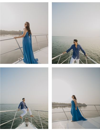 A series of individual and couple portraits on the yacht. The woman's flowing blue dress against the sea and the man's relaxed pose capture a chic and cinematic vibe.