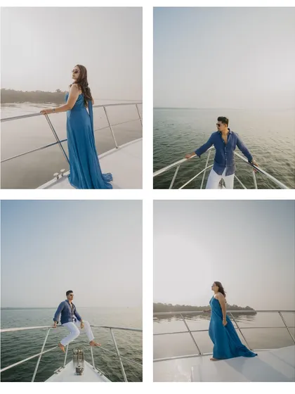 A series of individual and couple portraits on the yacht. The woman's flowing blue dress against the sea and the man's relaxed pose capture a chic and cinematic vibe.