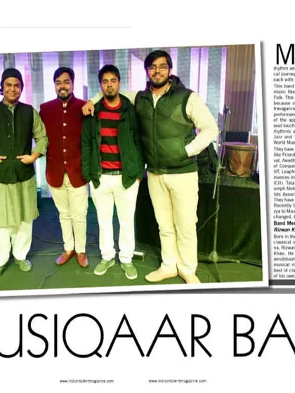 The cover page for the 'Mausiqaar Band' article in Indian Talent Magazine. It includes a group photo and describes our band's musical philosophy and journey.